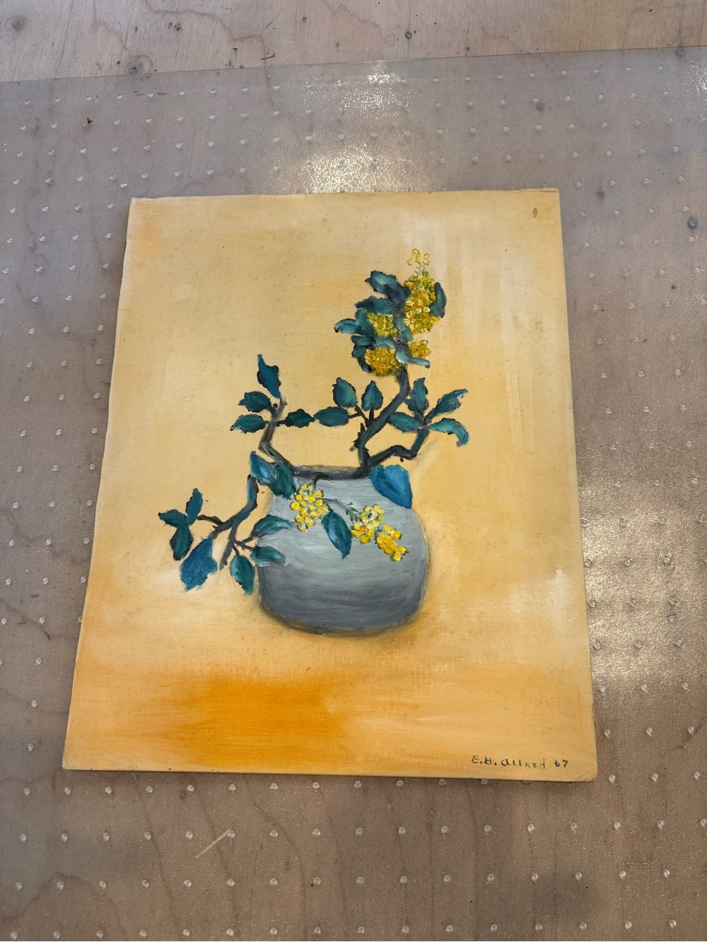 Blue Vase Floral Painting w/ Yellow Blossoms E H Allred original painting 15x19